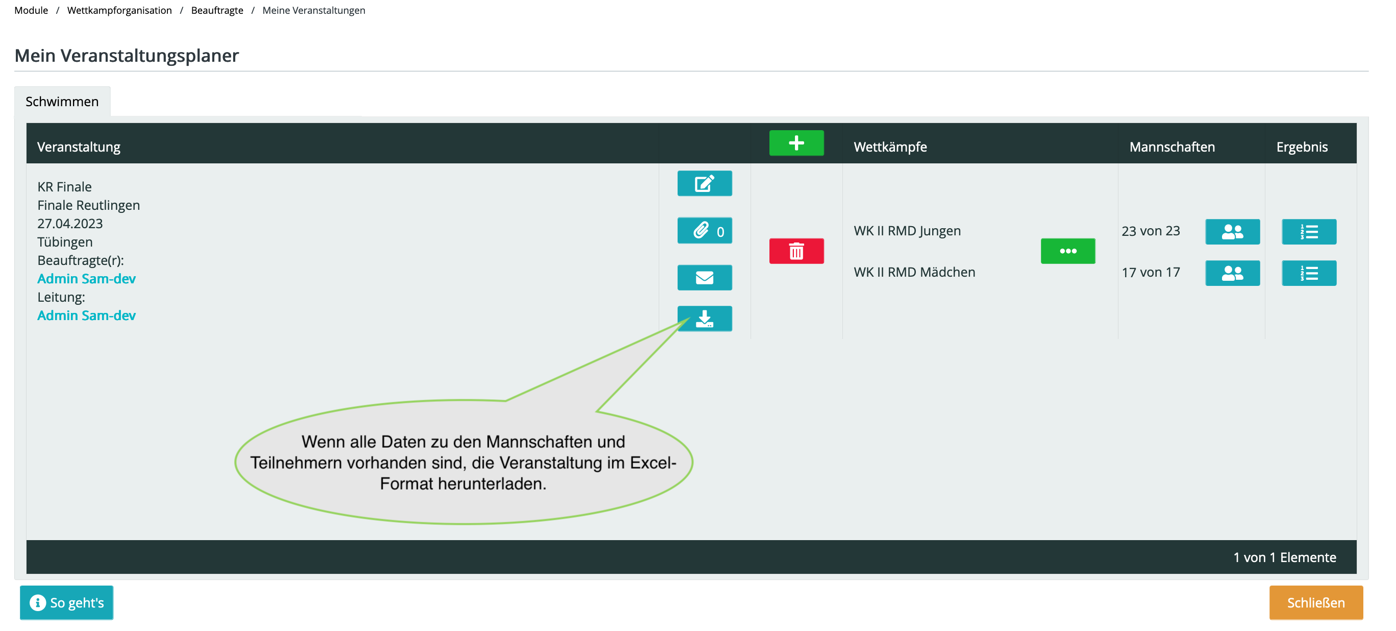 Veranstaltung als Exce-Datei herunterladen